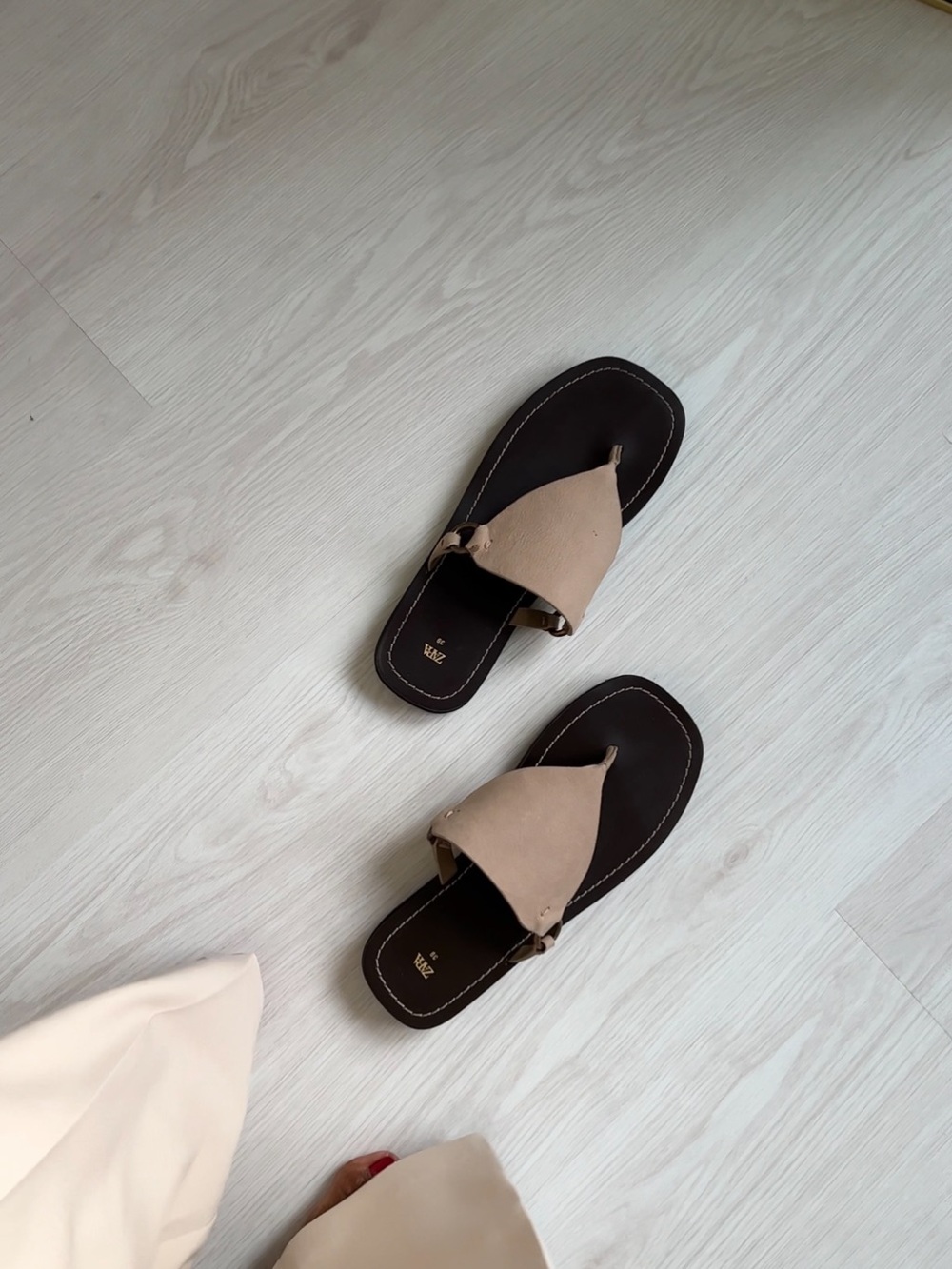 Zara Nude/beige Leather thong size 39 size 8 Sandals for Women NWT - Picture 2 of 5